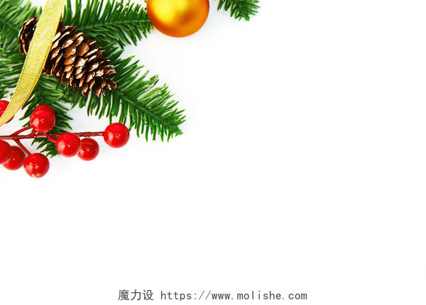 白底左侧元素松果绿叶红果子铃铛圣诞节圣诞元素